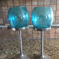 GLASS CANDLE HOLDER SET W/ STAINLESS STEEL BASE