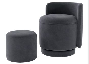 Velvet Vanity Chair with Storage 360° Swivel Accent Stool FootRest Makeup Chair with Wave Back and Hidden Storage Ottoman for Bedroom and Dressing Roo