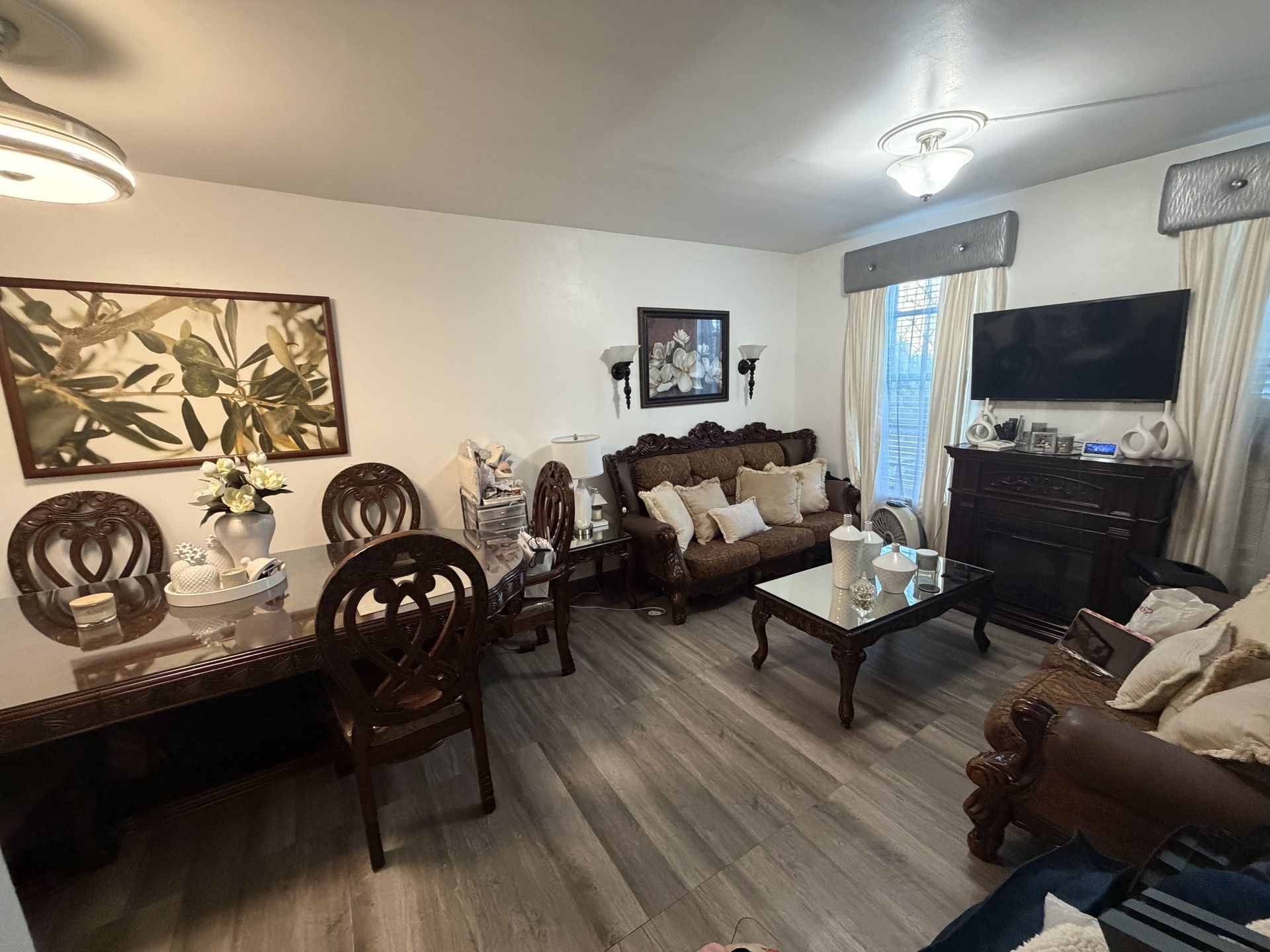 Complete Brown Furniture Set - Includes 2x Couches, 2x End Tables (Nightstand), 6-Seat Dinning Table, 1x Electric Fireplace Mantel, 1x Coffee Table