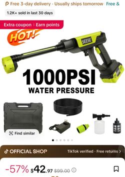 SEESE 21V Cordless Pressure Washer 1000 PSI