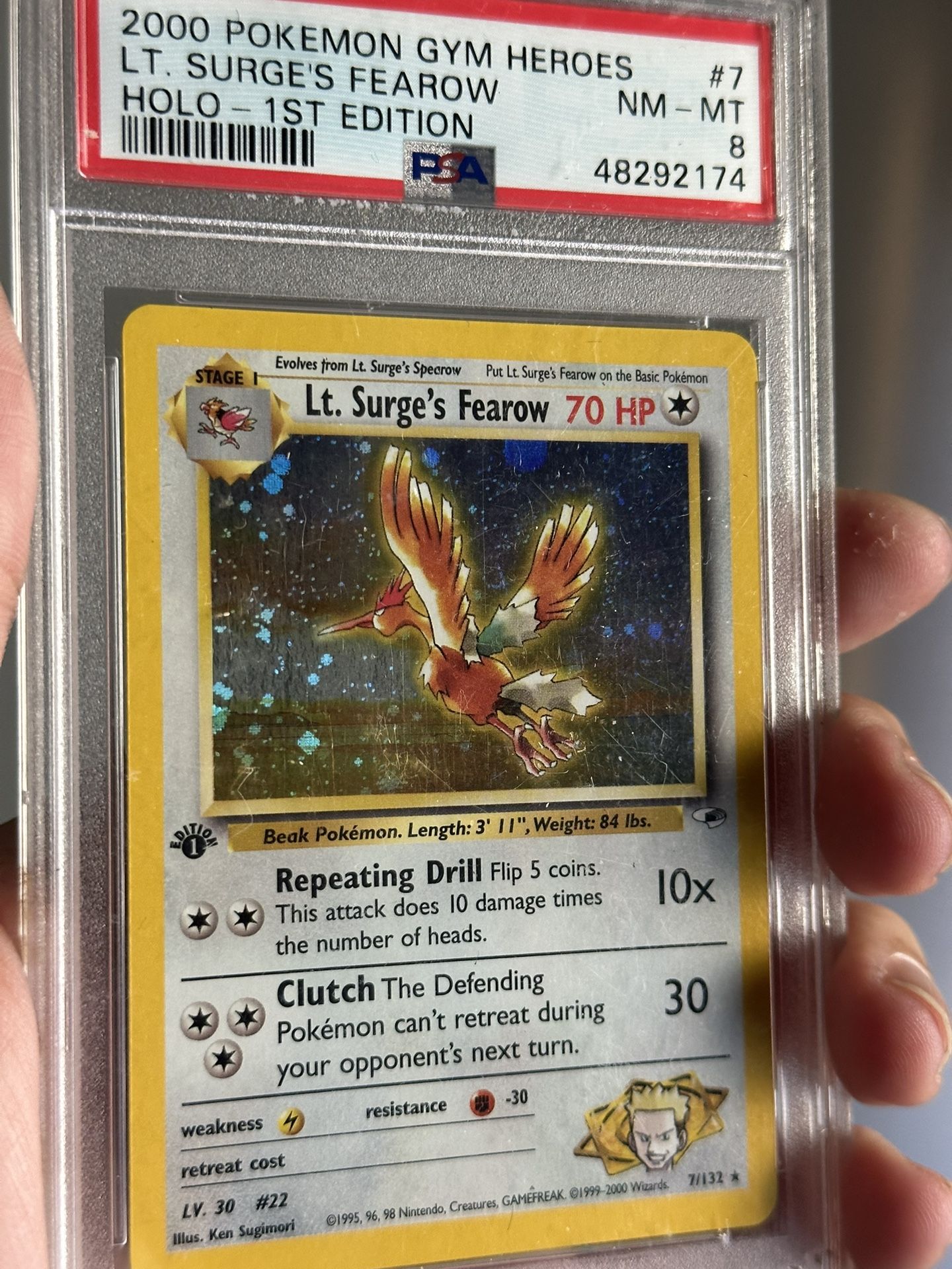 Pokemon TCG LT 2000 GYM HEROES LT SURGE FEAROW FIRST EDITION PSA 8