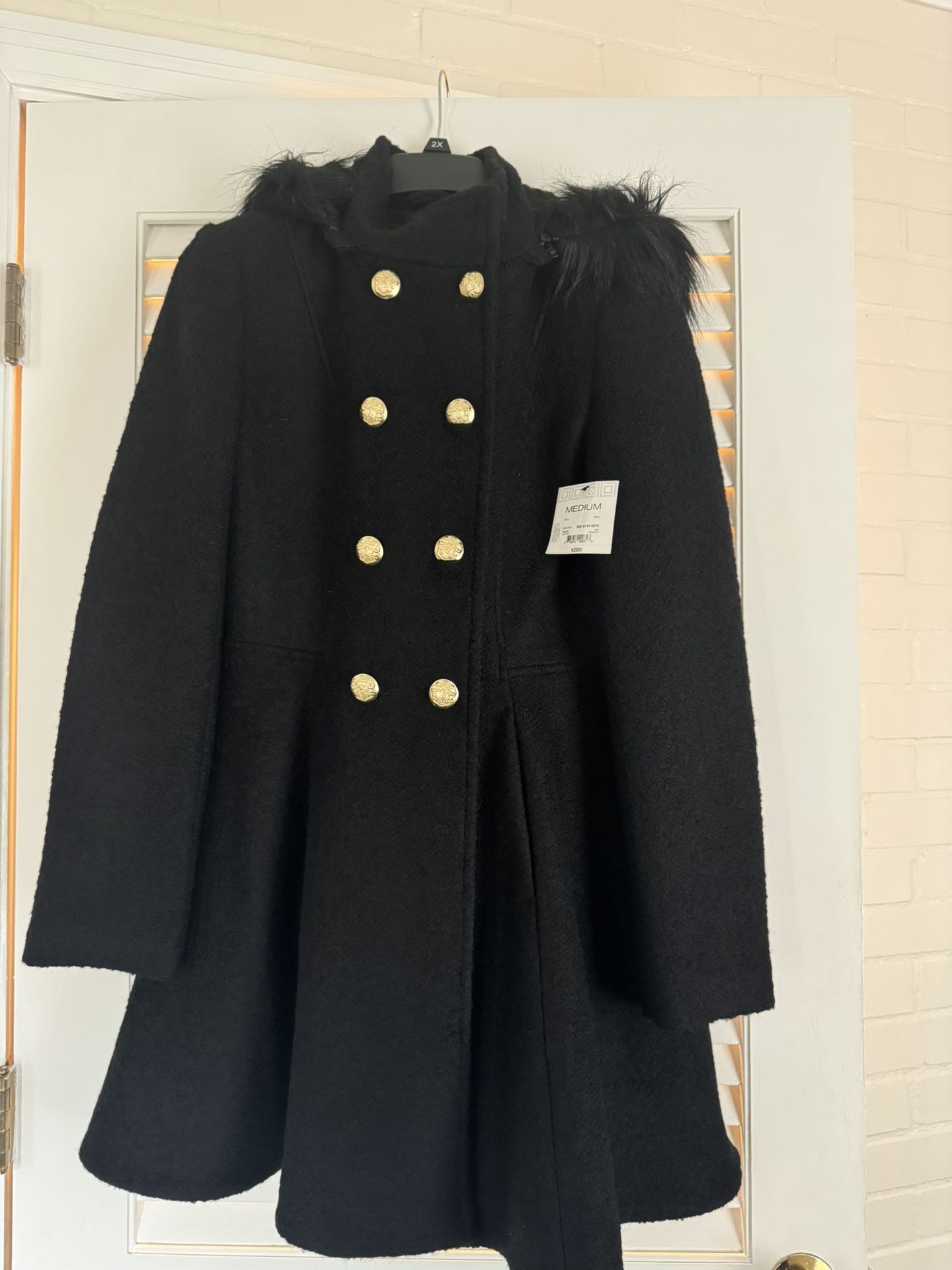 iz Claiborne Women's Black Boucle Faux Fur Hooded Wool Blend SwingCoat Jacket size Medium