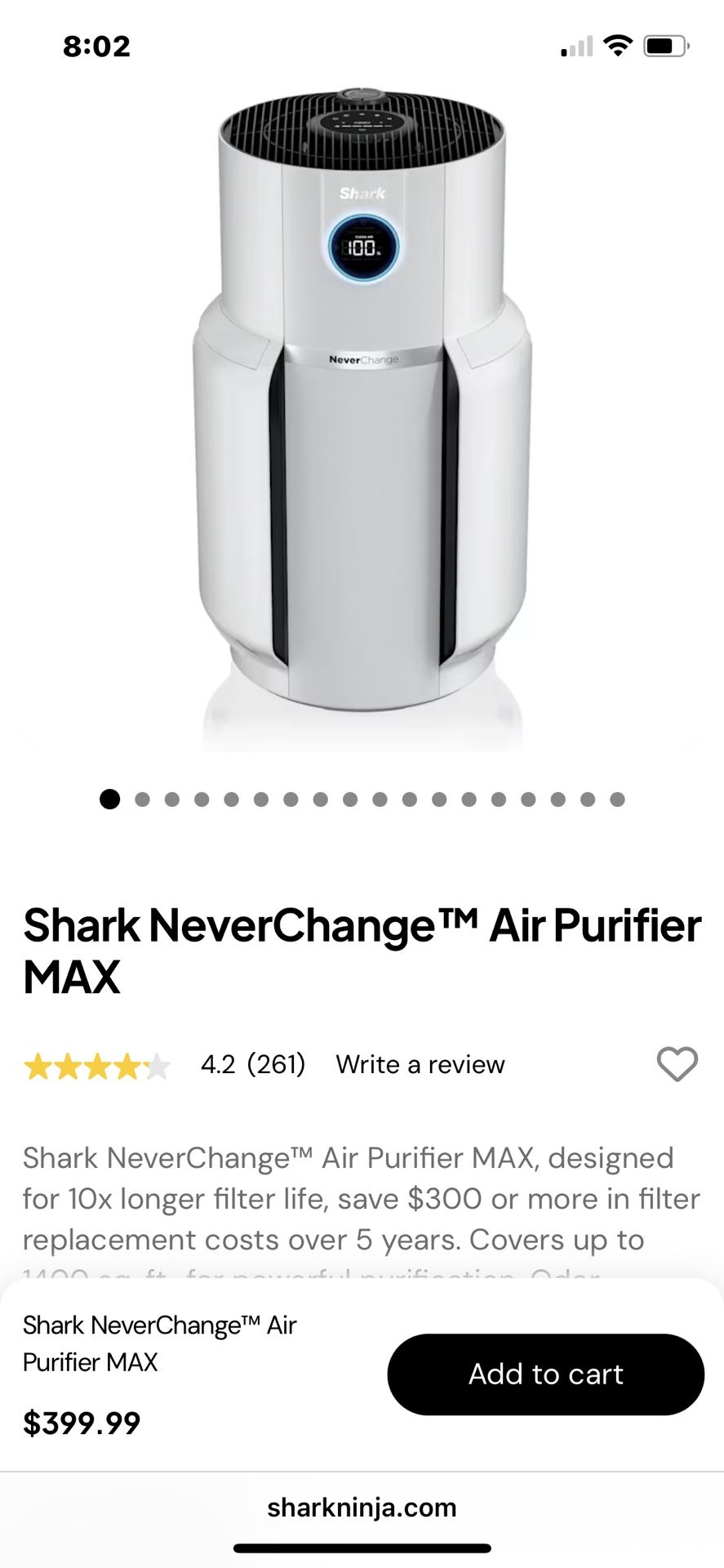 Shark Never Change Air Purifier Max HP302: True HEPA, 5 Settings, 1(contact info removed) sq. ft., Programmable Timer, CARB Certified