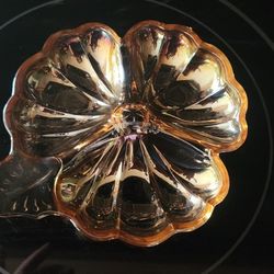 Vintage Marigold Jeanette carnival glass clover shaped candy dish.