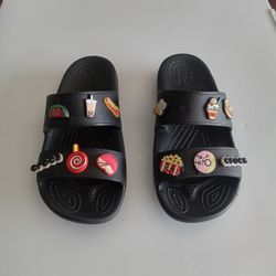 Solid black crock sandals with charms size 8 for women