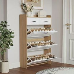 White + Oak Shoe Cabinet - 3 Drawers, 5+ Storage for Living Room