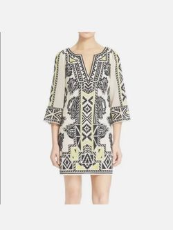 Alice + Olivia Lowell Embroidered Caftan Tunic Mini Dress Black Yellow Boho Medium urbanstager