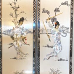 Mother of pearl inlay wall panels depicting Chinese female figures in traditional attire