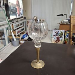 Home Essentials & Beyond Beautiful 12" Ribbed Goblet Glass Candle Holder With Gold Frosted Stem & Base