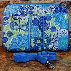 Mini - I-Pod / Laptop Carry Case • Doodle Daisy Pattern • Padded Quilted Case With Long Strap • Blue / Green Floral   • 