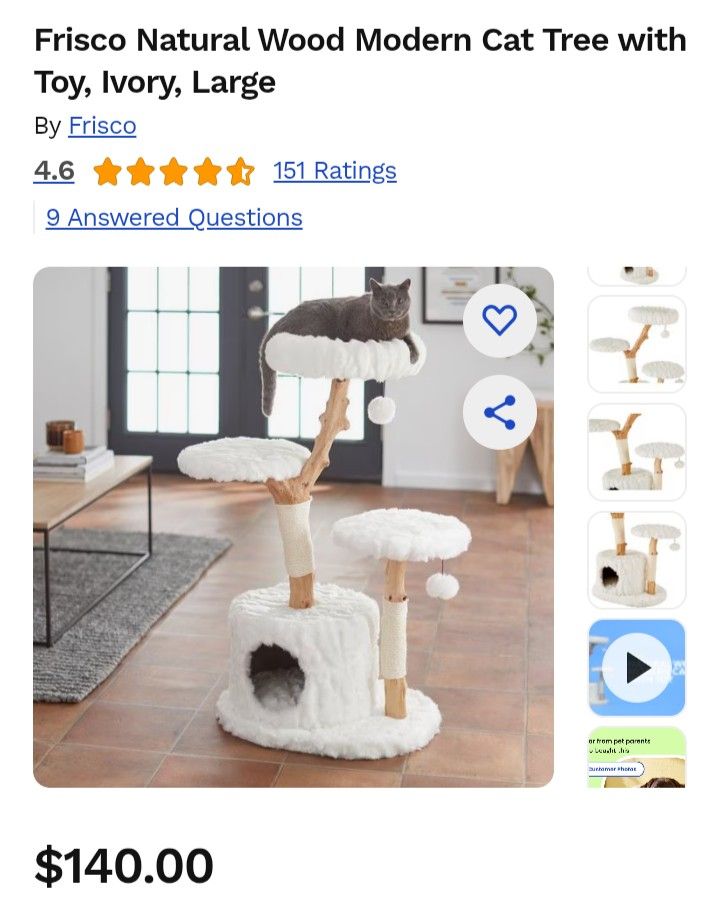 Cat Tree . Frisco Natural Wood Modern Cat Tree with Toy, Ivory, Large Sells For $140 Selling For $60