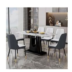 Dining Table Set for 6, Kitchen Table and Chairs for 6, Sintered Stone Table with 6 Modern Dining Chairs Suitable for Kitchen Dining Room Sets