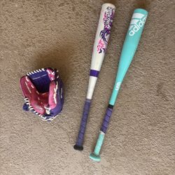 Girls Baseball Bats And Mitt 