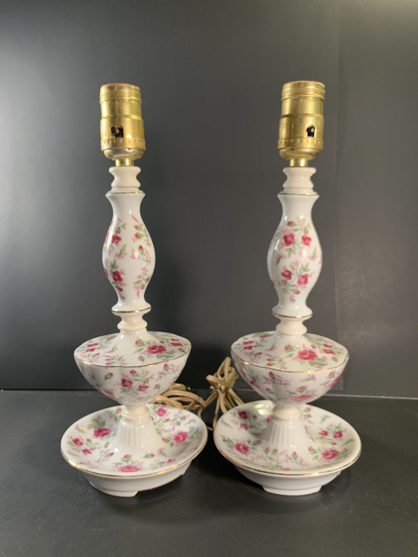 Antique Pink-Roses Porcelain Table Lamps (Height: 12-3/4”)