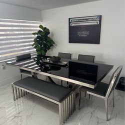 Modern Dining Table Set – Chrome & Black (AS-IS)