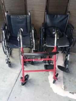 Foldable wheel chairs and walker.