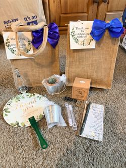Set of 10 burlap gift bags filled with items shown in pics