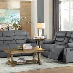 Reclining fabric sofa and loveseat 