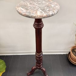 Vintage Mahogany Fern Stand with Marble Top | Tall Plant Pedestal Table 46.5”