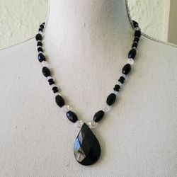 Vintage Faceted Glass Teardrop Pendant with glass and acrylic beads necklace 