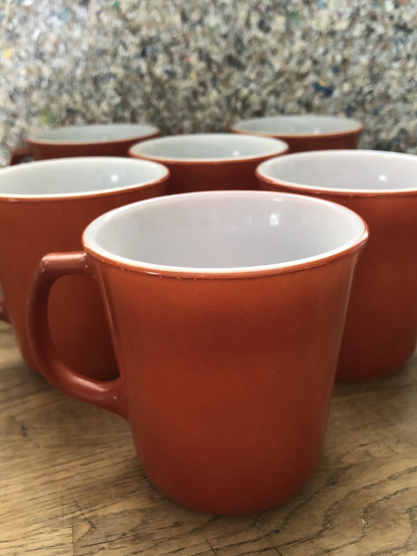 Unique set of six burnt orange D handle vintage mugs two Pyrex two Corelle two Corning identical! Cool set!