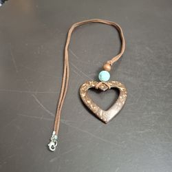 Vintage Heart Shaped Pendant Necklace Made From Natural Polished Coconut Shells With Brown Cord 32"