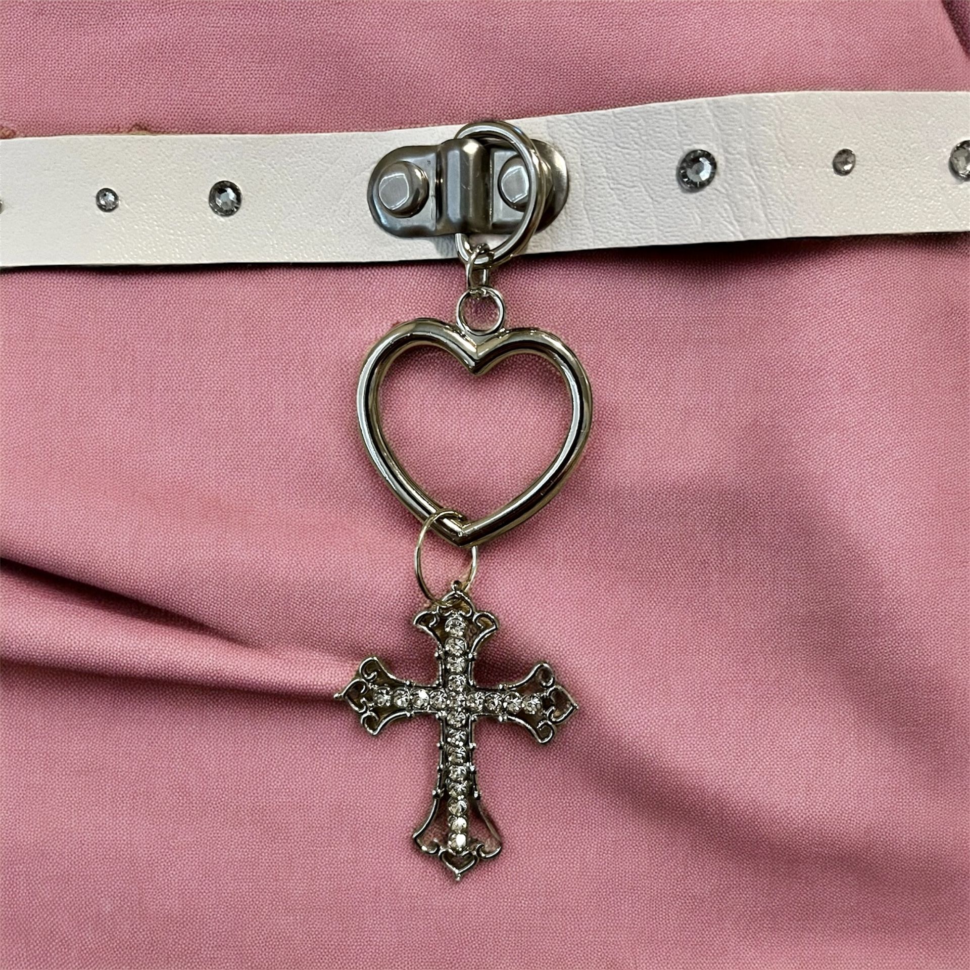 Handmade White Leather Choker With Silver Heart And Cross Dangling With Rhinestone Accents