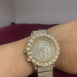 Large Gorgeous Gold Tone Jeweled Watch