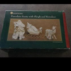 TRADITIONS PORCELAIN SANTA with SLEIGH and REINDER