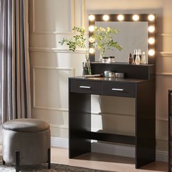 Vanity Desk with Mirror and Lights, Dressing Table with Large Drawer, 2 Level Storage Dresser & 3 Lighting Modes Adjustable Brightness, Suitable for B