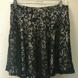 Romantic Black Floral Lace Short SKIRT Ruffle Circle Beige Lining Women's sz S