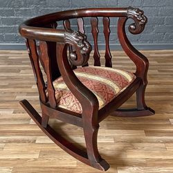 Antique Victorian Renaissance Revival Barrel-Back Rocking Chair w/ Carved Lion Heads, c.1920’s - Delivery Available