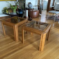 Vintage mid century oak and smoked glass side table pair