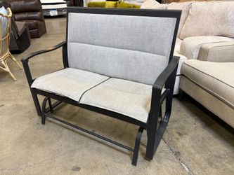Black Outdoor Glider Loveseat with Heathered Grey Sling Fabric Seats