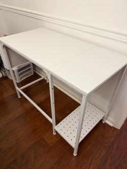 White IKEA desk with fabric side pocket - clean