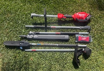 Milwaukee Versatile Milwaukee M18 FUEL Quik-Lok outdoor power equipment set. This red and black cordless system includes the power head with attachmen