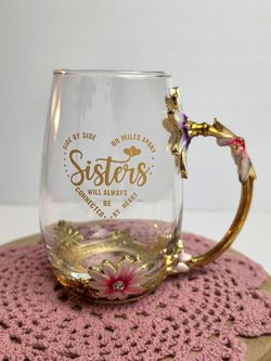 Sisters By Heart Enamel Floral Clear Glass Elegant 13 oz. Coffee/Tea Mug