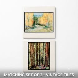 Pair of Vintage Nature Watercolor Art Ceramic Wall Tiles – Forest & River Scenes