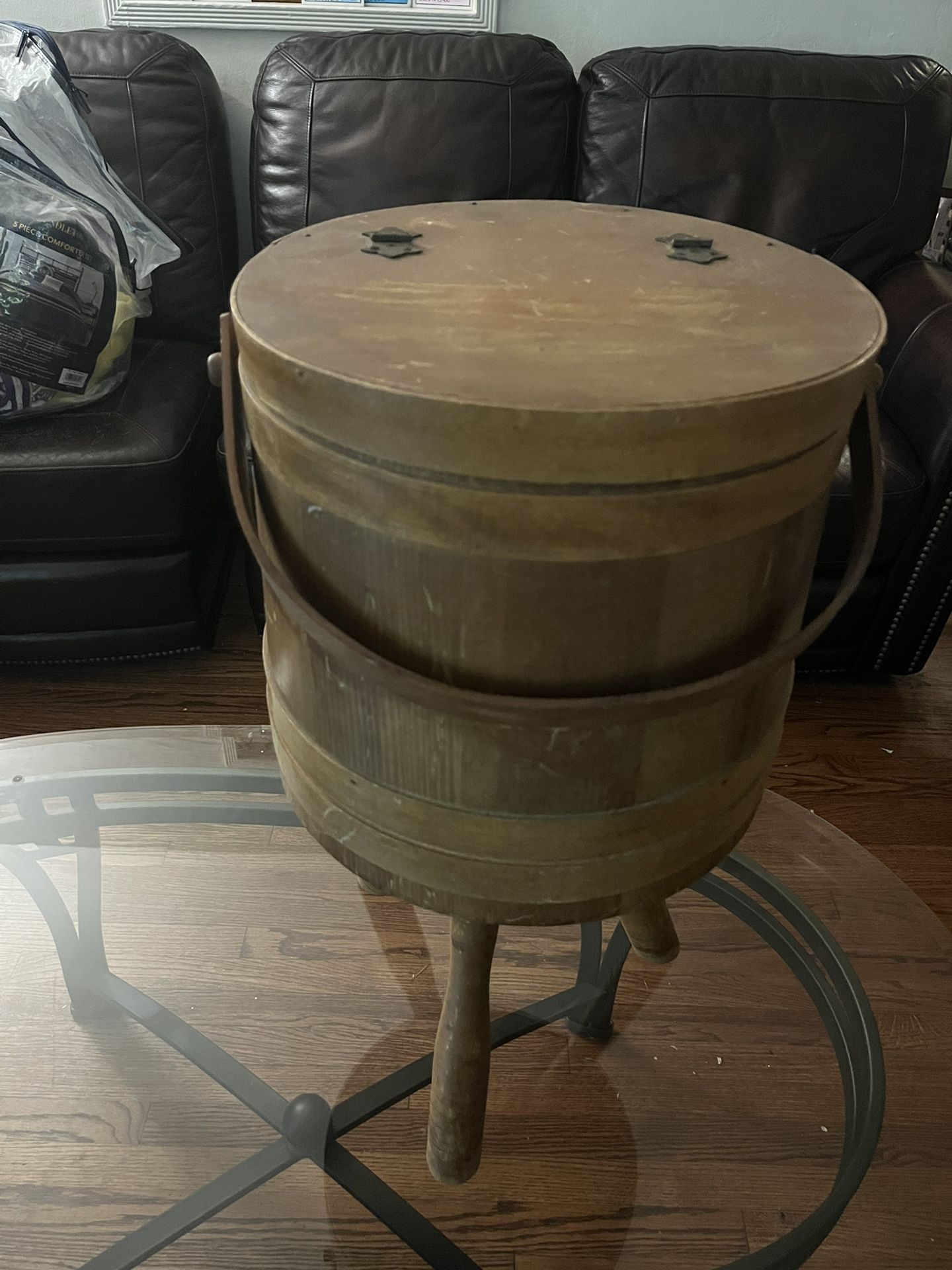 Sewing Basket Bucket Vintage Wood Firkin Stand 3 Legs Tripod Primitive holder