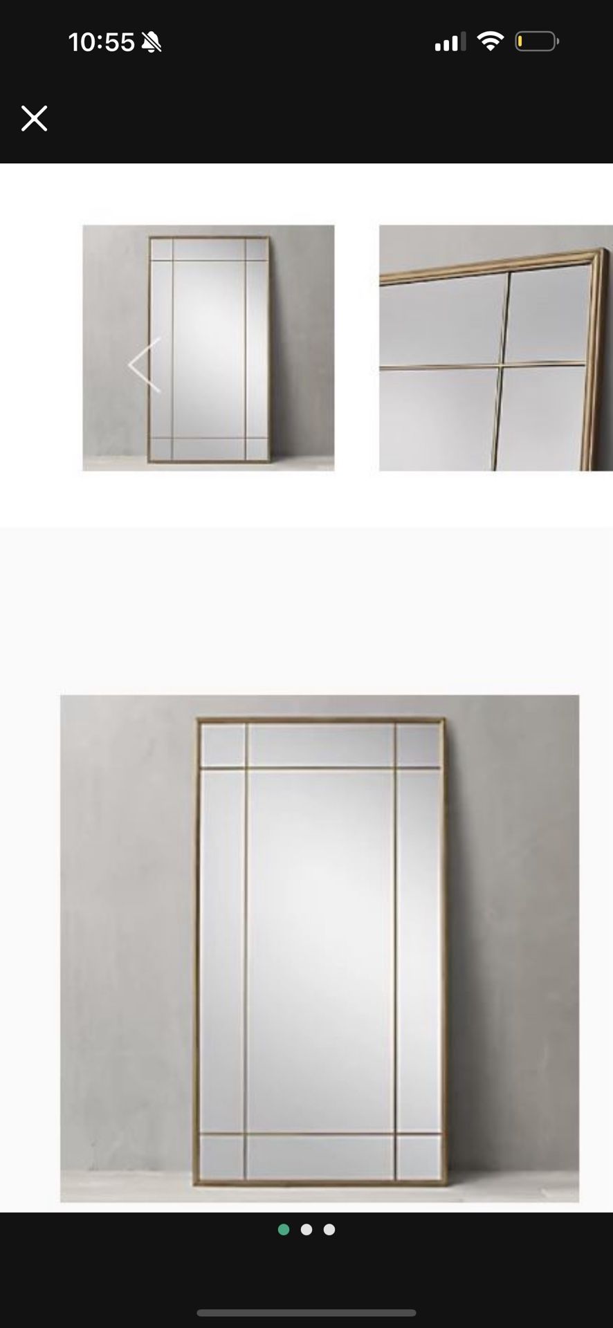 RH Restoration Hardware 1940’s French Paneled Leaner Mirror 30x90 Brass Finish