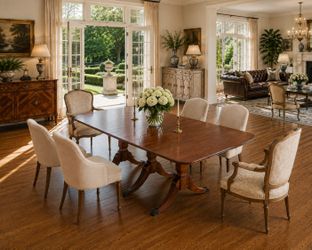 Vintage Mahogany Triple-Pedestal Drop-Leaf Dining Table with Brass Paw Feet