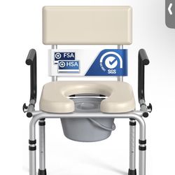 Drop Arm Bedside Commode, Commode Toilet with Padded Seat and Backrest, 400lbs Capacity, 6.3QT Removable Bucket and Splash Guard, Adjustable Height Po