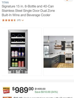 Signature 15 in. 8-Bottle and 40-Can Stainless Steel Single Door Dual Zone Built-In Wine and Beverage Cooler