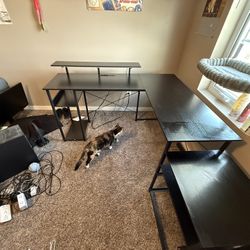 L Shape Desk With Outlets, LED, Drawer Compartments 