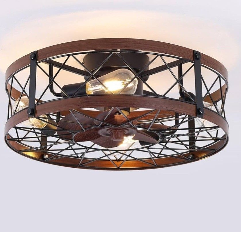 REDSTAR 20in Caged Ceiling Fan With Lights N Remote 6speed Reverse Timer Black With Woodgrain New