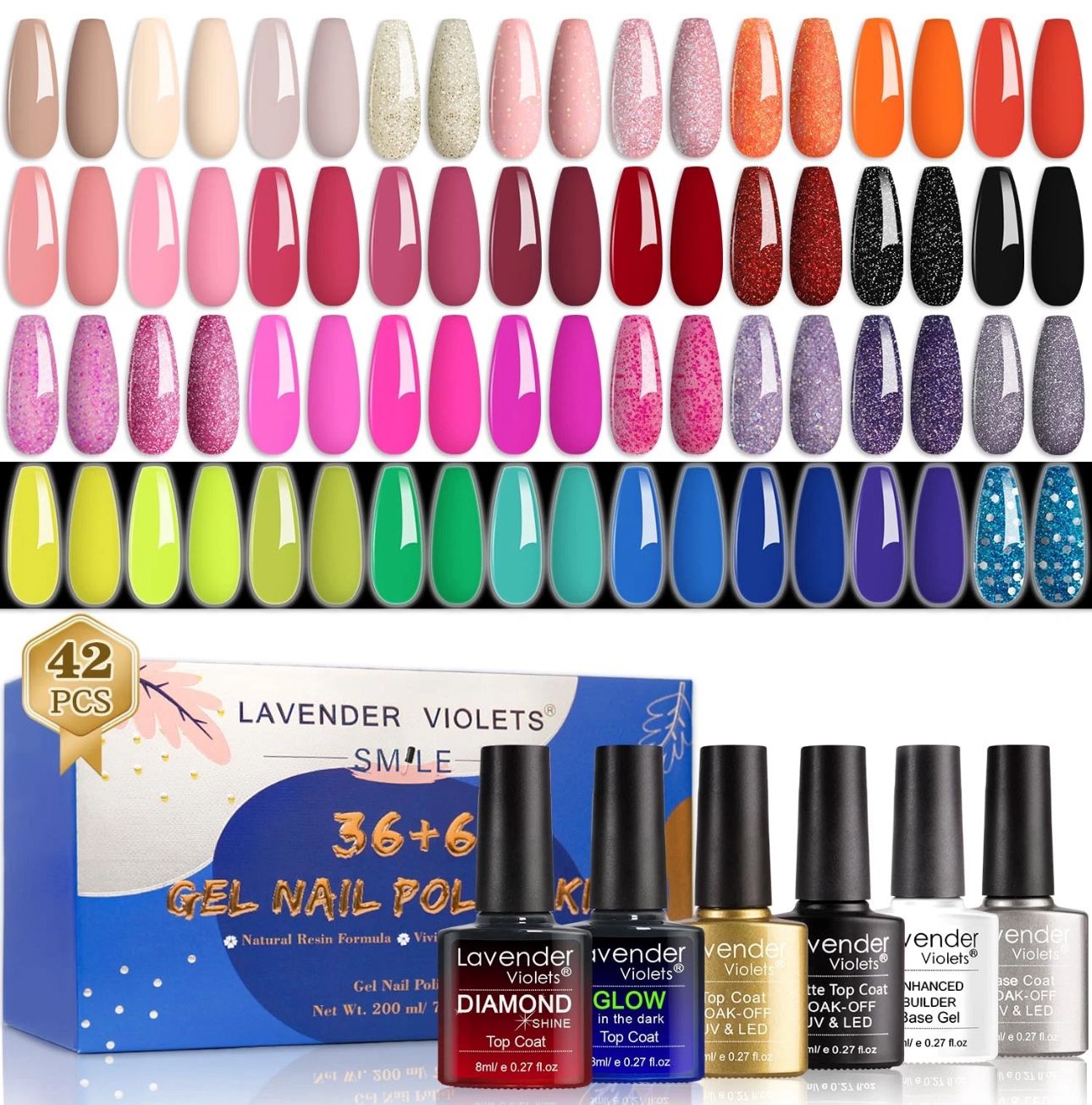 Lavender Violets 42 Pcs Gel Nail Polish Set, 36 Colors with 6 Bottles of Base To