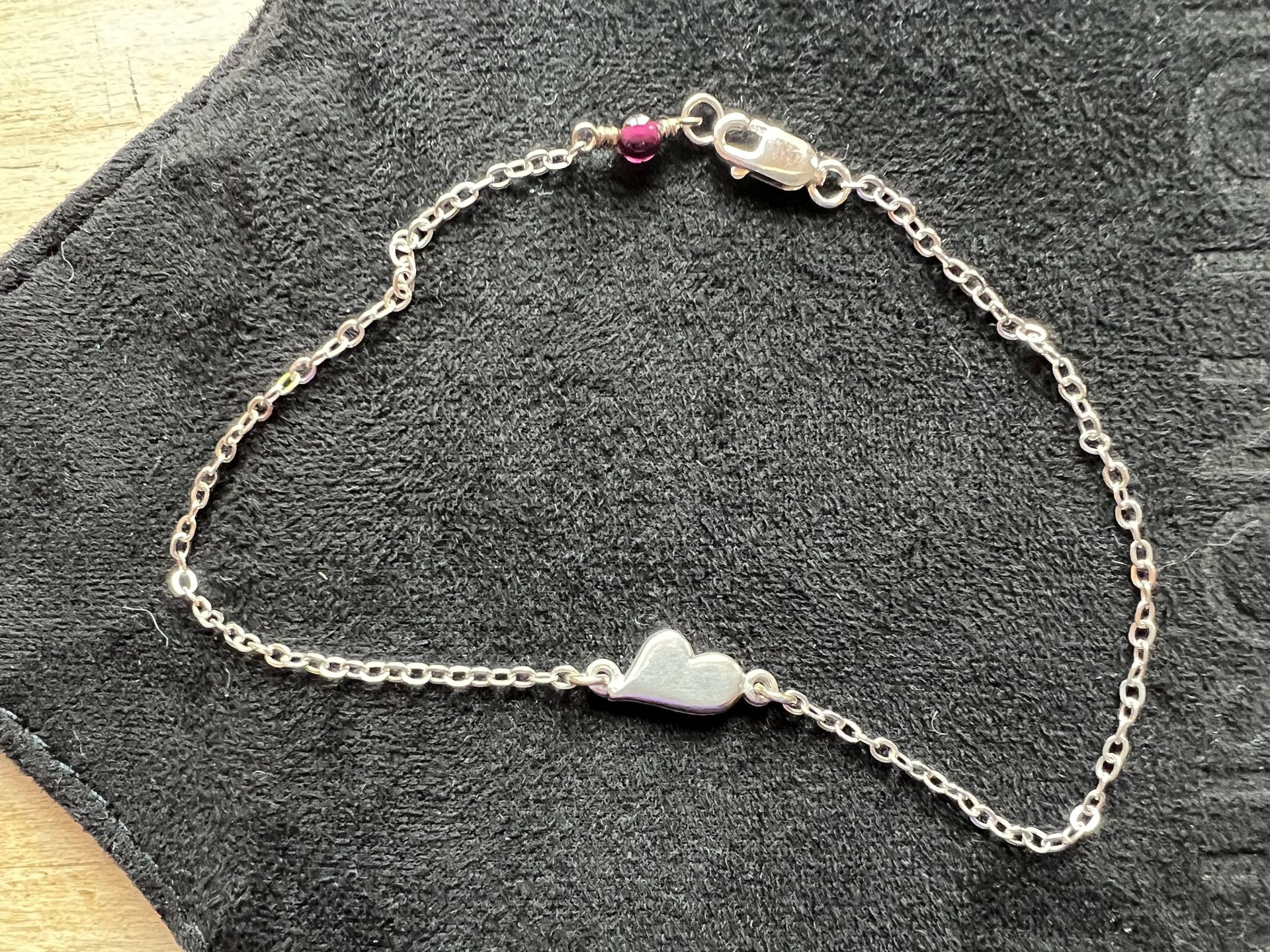 Sterling Silver Anklet With Heart And Garnet Bead