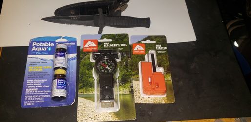 Camping & Outdoors Lot O 4 Items Of Smith & Wesson 5" Knife With Leather Holder & 4 In 1 Explorer's Tool & One Fire Starter & Water Purification