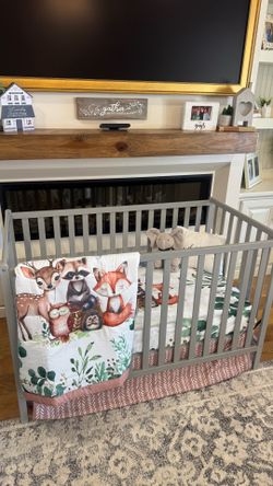 Modern Farmhouse Gray 4-in-1 Crib, Waterproof Mattress and Bedding Set.
