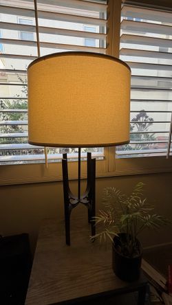 Black Metal Table Lamp with Linen Drum Shade